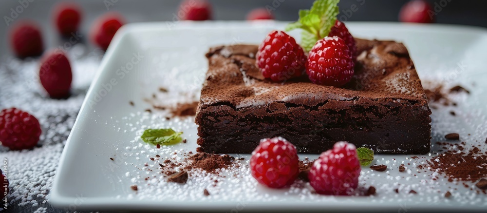 Poster a tempting chocolate brownie with a delightful presentation, perfect for a copy space image.
