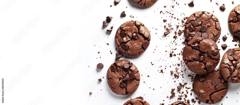Aufkleber Chocolate cookies on a white background with room for text or elements. copy space available