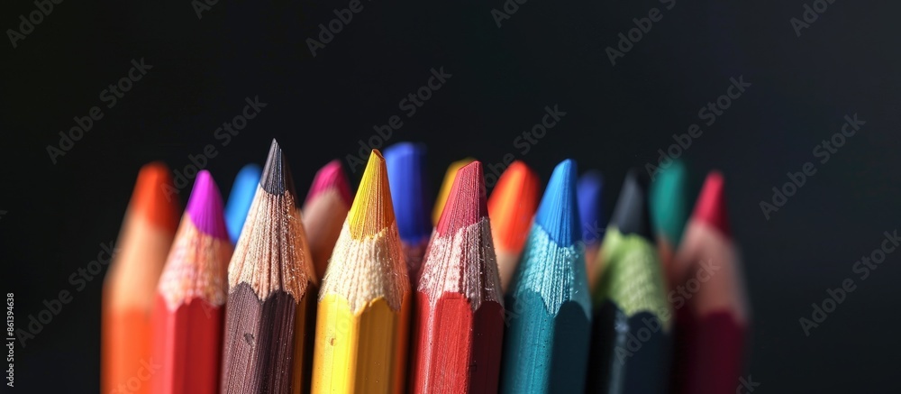Poster Color pencils displayed on a black backdrop with selective focus in a close-up shot to highlight the details, providing a clear copy space image.