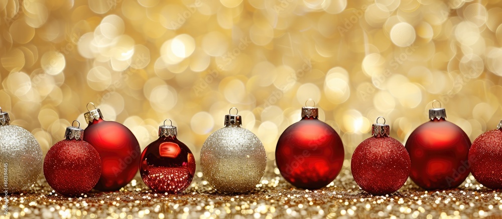 Poster red and silver christmas ornaments showcased against a sparkling gold background with space for text