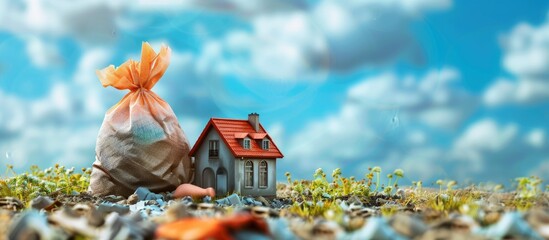 Garbage bag and house depicted in a trash dump copy space image.