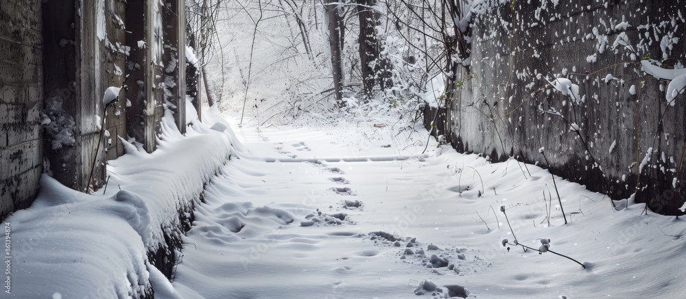 Aufkleber snow-covered cellar with copy space image for an abstract minimalist snowy texture, featuring boot t