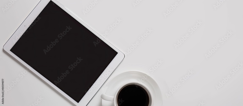 Aufkleber Top view of a computer tablet with a black screen placed beside a cup of coffee on a white table, featuring a close-up shot and ample copy space image.