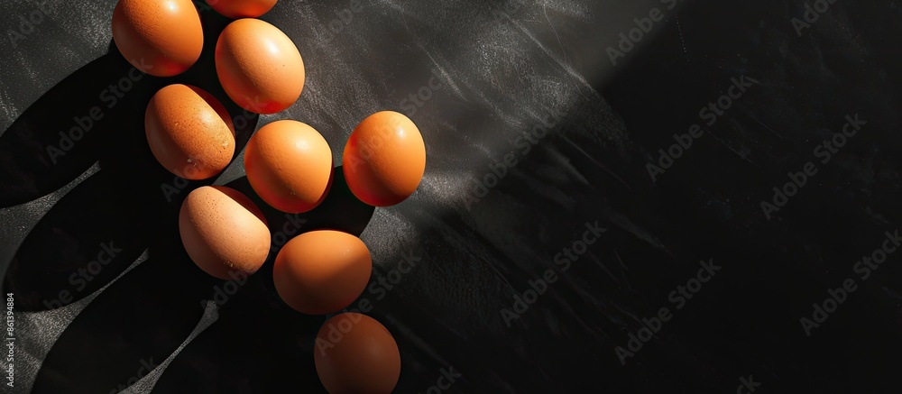 Aufkleber Top view of fresh brown eggs on a dark background with hard shadows, creating a minimalistic and natural home product aesthetic, with empty space for additional elements in the image.