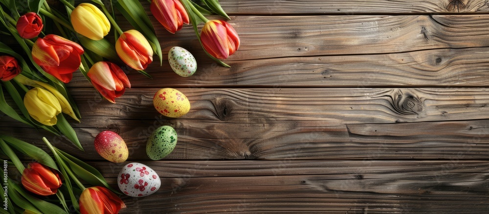 Aufkleber Tulips and Easter eggs displayed on wooden planks with copy space image.