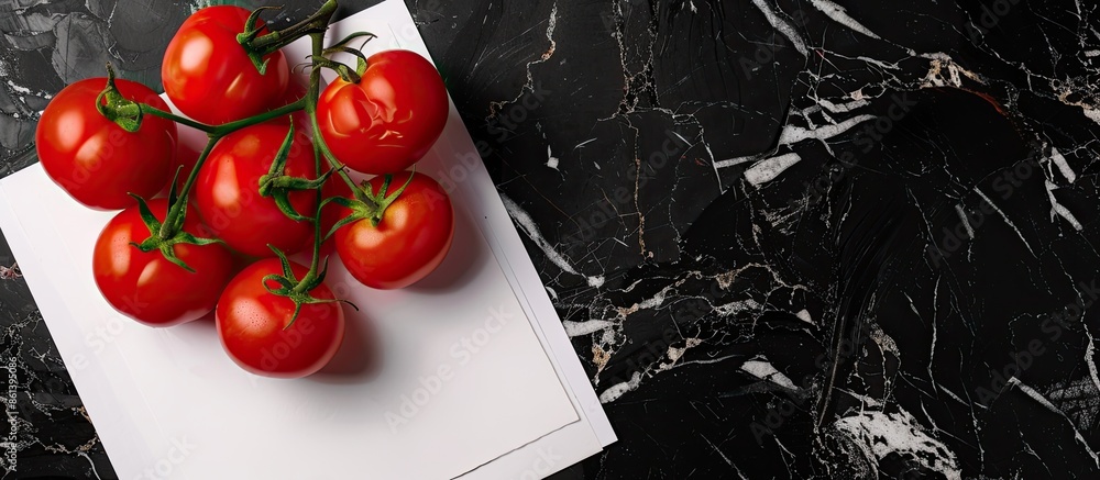 Poster image showing tomatoes on a black background with white paper, including ample copy space.