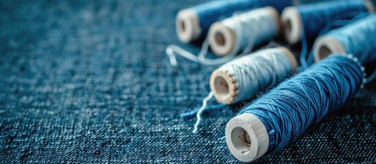 Copy space image of blue and white cotton thread spools on denim fabric.
