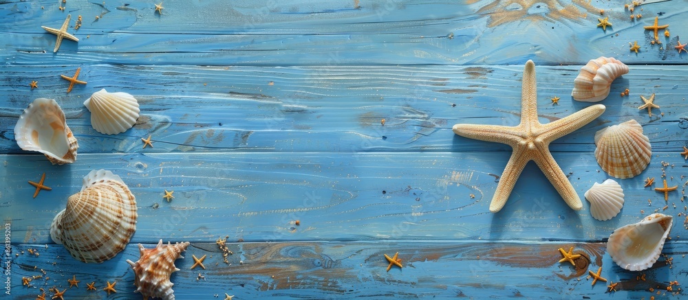 Poster a flat lay image with seashells and a starfish on a blue wooden surface, providing a top view and sp
