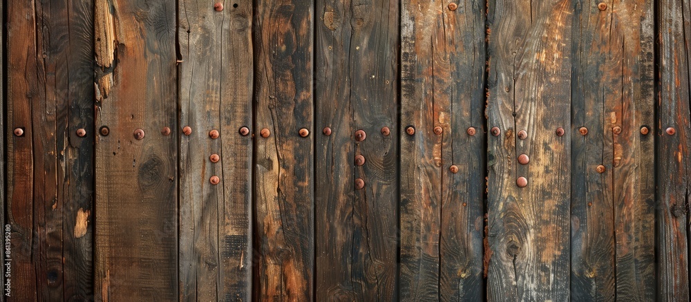 Aufkleber Rustic wooden plank background with weathered texture and rusty nails, ideal for design projects needing a copy space image.
