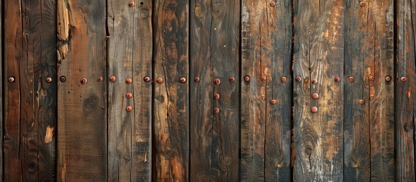 Rustic wooden plank background with weathered texture and rusty nails, ideal for design projects needing a copy space image.