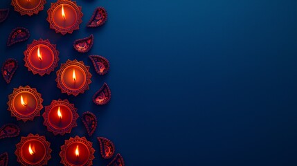 A serene image showing brightly lit oil lamps arranged in a row against a deep dark blue background, symbolizing celebration and light in darkness.