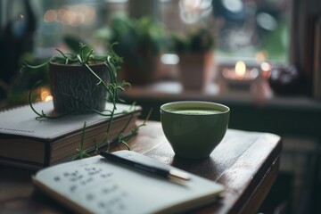 A matcha latte placed next to a journal and a pen, suggesting a reflective and relaxing moment. 