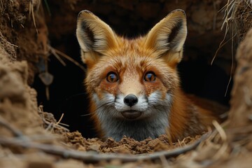 A beautiful fox with vivid orange fur cautiously emerging from its den, captured with a focus on its alert eyes and natural habitat environment in intricate detail.