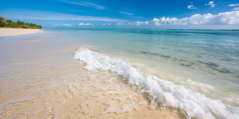 Schöner Strand mit türkisfarbigen Wasser und Sonne im Urlaub 2025