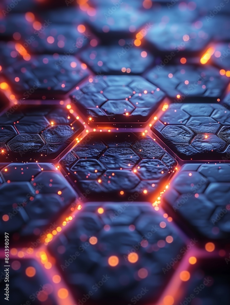 Poster abstract hexagon pattern with glowing orange lines