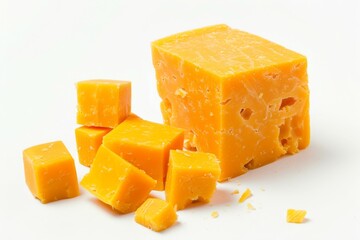 A large cube of cheese and several small cubes on white background