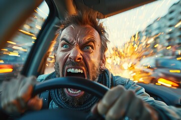 A man is intensely driving a car with a dramatic, explosive background blur effect, enhancing the sense of urgency and action in the fast-paced scene.