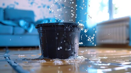 A black bucket placed on a wet floor to collect water from a leak in a modern interior, suggesting leakage and home maintenance issues requiring immediate attention.