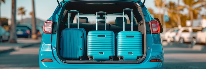 Close up of car trunk, open lid, suitcases packed for travel, ready for a journey