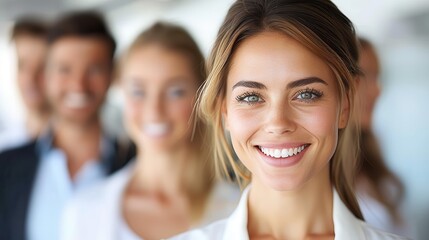 A close-up portrait of a young woman smiling confidently at the camera. In the background, her colleagues are blurred, indicating a professional and friendly environment.