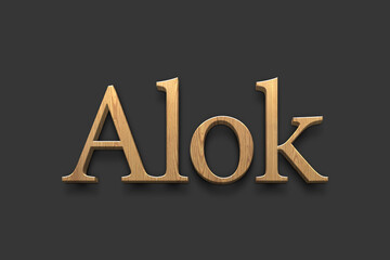 3D wooden logo of Hindi name Alok on dark grey background.