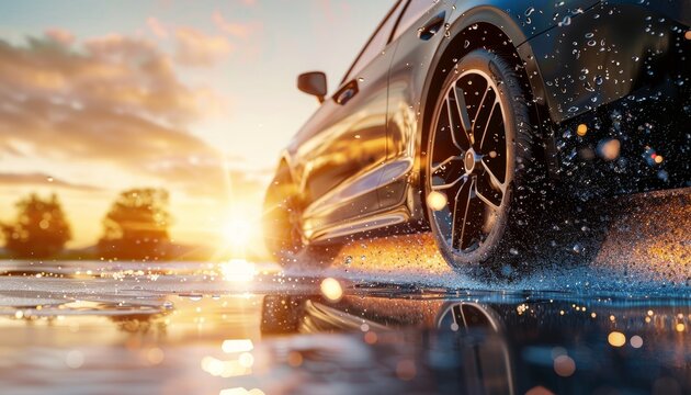 Detailed view of car tires on wet road with splashing water for enhanced search relevance