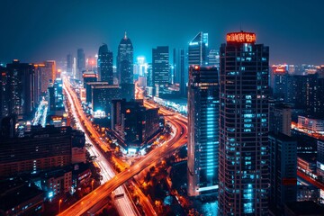 Obraz premium Modern cityscape with illuminated skyscrapers at night showing busy urban life with light trails from vehicles