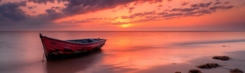 Naklejka premium old rustic roll boat at low tide beach at twilight, gradient orange sky, beauty nature seascape at sunset time with nobody