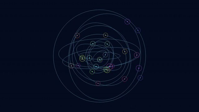 An intricate network of interconnected circles is depicted in this image, arranged in a circular pattern against a black background. Some circles contain dots, suggesting a complex system