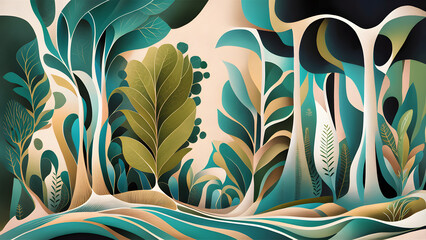An abstract illustration of a forest scene. AI generated