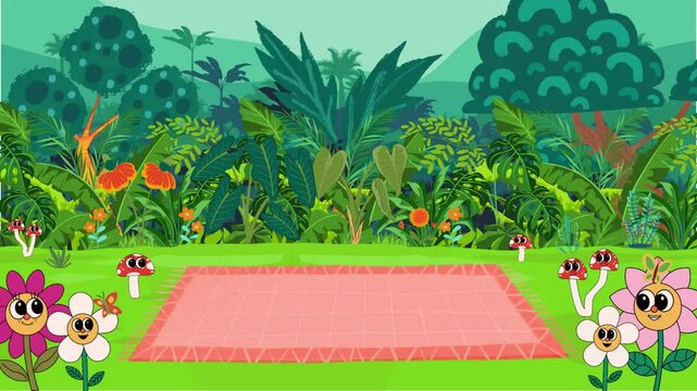 Video animated fields with tree and flower landscape funny flower and Carpet Rug Illustration character for cartoon landscape, flat animation background