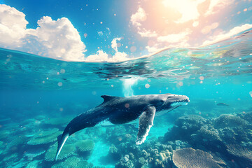Obraz premium Majestic Humpback Whale Swimming Over Vibrant Coral Reef.