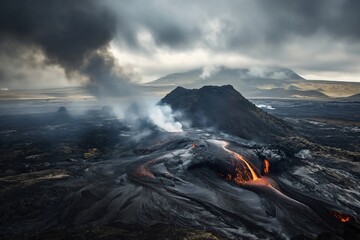 Fototapeta premium Dramatic volcanic landscape erupting with lava flowing down the slopes under a cloudy sky