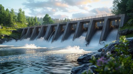 Scenic Hydro Dam Flowing Across Lush Green Forest Landscape Under Clear Blue Skies