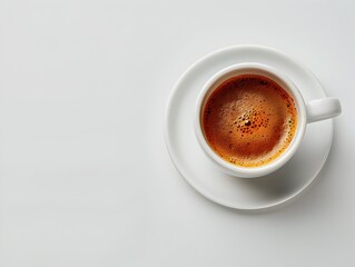 Freshly Brewed Espresso Cup with Saucer on a Minimalist White Background