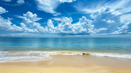 Fototapeta premium beach panorama, a seascape with a wide horizon, beautiful blue sky meeting the sea. AI generated