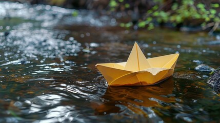 An image capturing a yellow paper boat gently drifting in a calm, reflective stream, surrounded by a peaceful natural setting and lush greenery.
