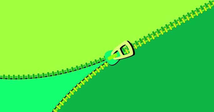 Zipper transition fastener wipe across green isolated background. Cartoon animation preset good for any use. Motion design element. Business, ecology, art, education, science, fashion, etc...