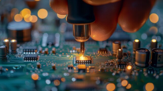 Microchip Soldering Precision with Glowing Circuit Board Components