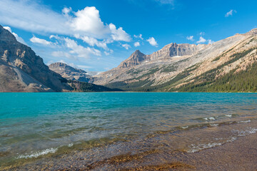 Bow lake with wind and waves in summer, Banff national park, Alberta, Canada.