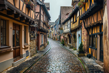 Fototapeta premium Charming cobblestone street is winding between historic half timbered houses in a European town