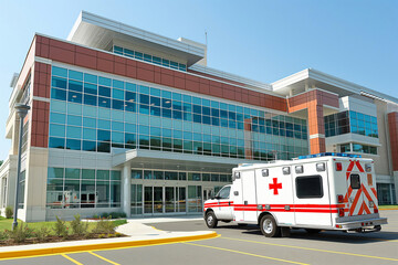 Ambulance is parked outside a modern hospital building, ready to transport patients and provide emergency medical care