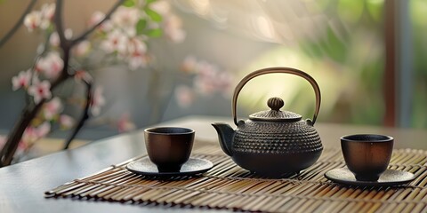 Japanese Tea Set Bamboo Mat, Teapot, and Cups for Hot Tea. Concept Japanese Tea Set, Bamboo Mat, Teapot, Tea Cups, Hot Tea