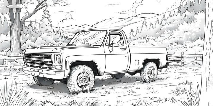 Childrens coloring book featuring illustrations of basic pickup trucks. Concept Children's Coloring Book, Pickup Trucks, Basic Designs, Simple Illustrations, Fun Activity