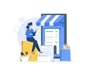 Food buying concept,Character buying in supermarket and online fresh organic vegetables and other groceries and putting in bag or basket