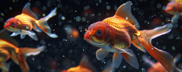 Goldfish swimming with bubbles underwater