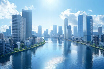 Beautiful cityscape with modern corporate buildings reflecting on a river in japan on a sunny day