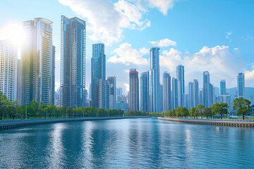 Fototapeta premium Modern cityscape with futuristic skyscrapers is reflecting in the water of a canal on a sunny day with blue sky and clouds