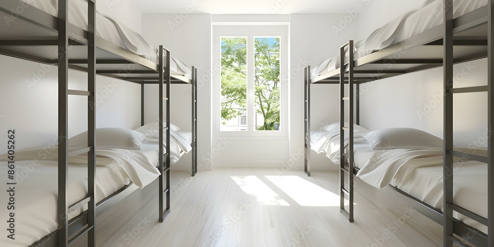 Poster creating a 3d visualization of a simple and organized four-person student dorm room. concept 3d visu