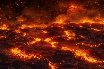 Fototapeta premium Dramatic and detailed depiction of a fiery lava field, with glowing molten lava and scattered sparks, Concept of extreme heat and volcanic landscapes.